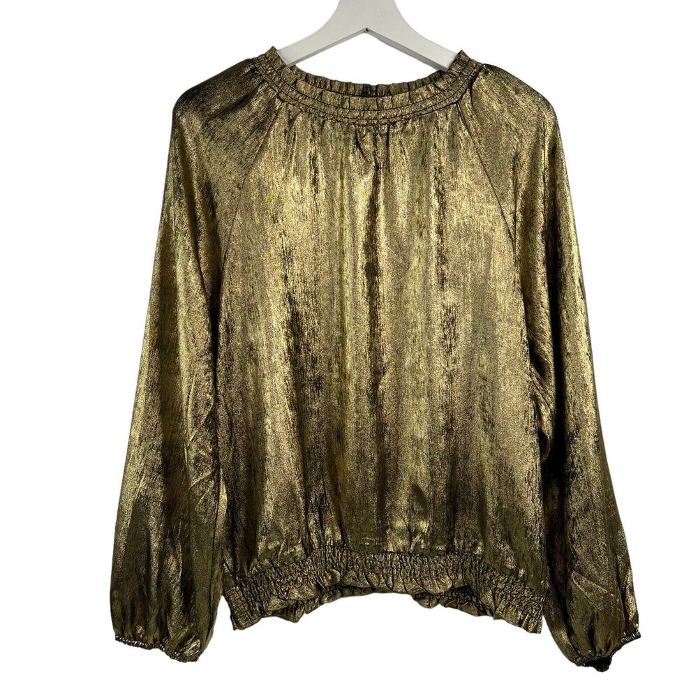 Chenault Size L Blouse Metallic Gold Smocked‎ Waist Long Sleeves High Neck Top